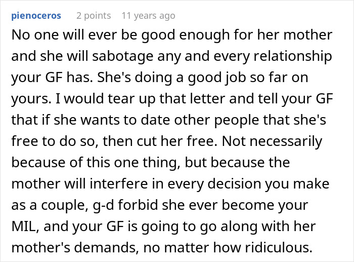 Comment discussing how a mother sabotages her daughter's happy relationship after sending her on a date.