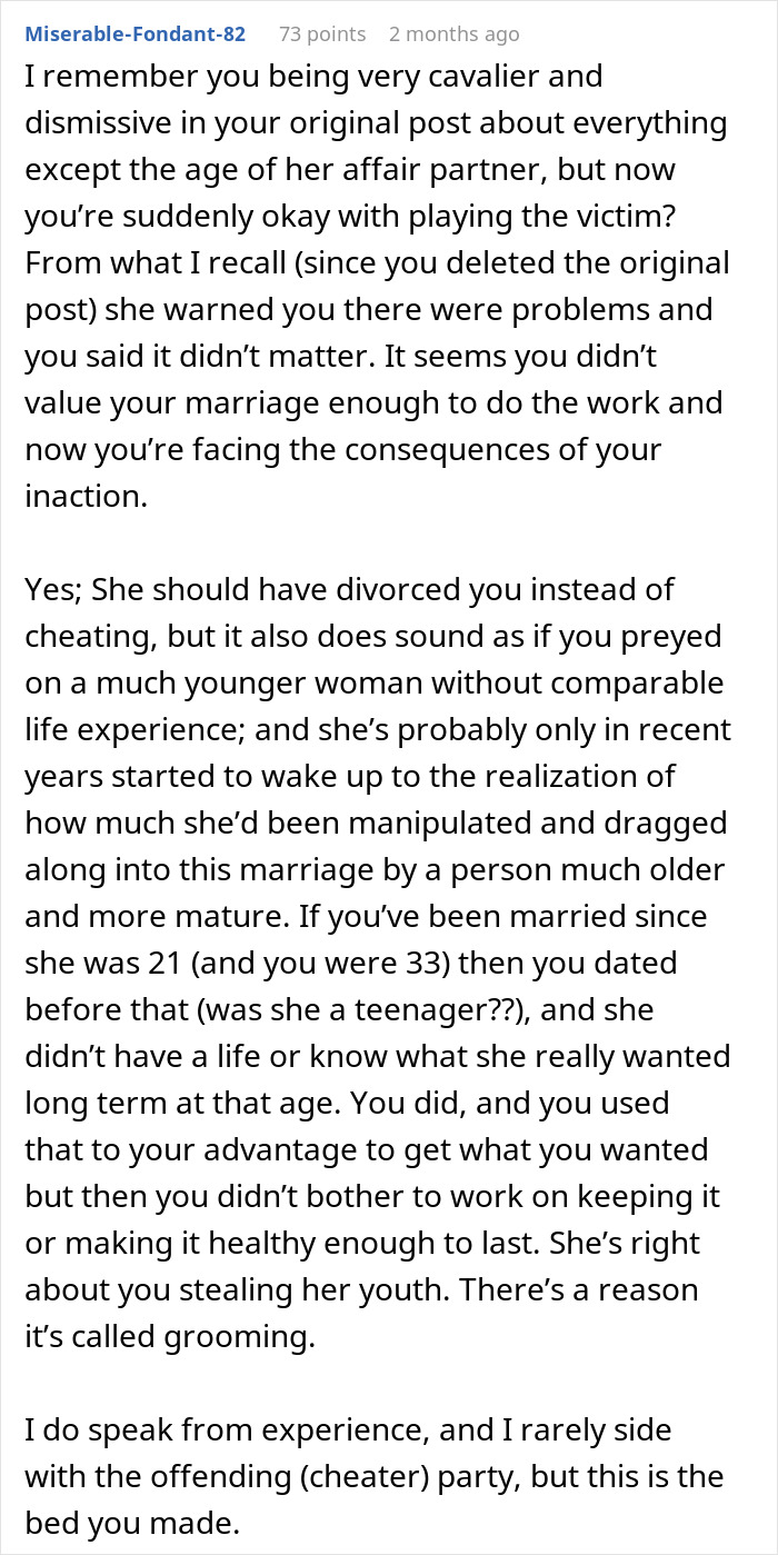 Reddit comment discussing husband refuses intimacy for 5 years and wife finds younger partner causing conflict.