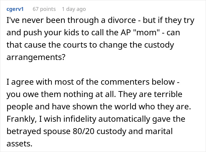 Text comment about divorce and custody issues mentioning infidelity and betrayal in relationships. Text comment about divorce and custody issues mentioning infidelity and betrayal in relationships.