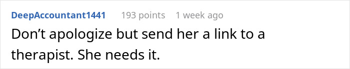 Comment text on a white background about a bride mad at cousin’s dress at a wedding, expressing strong advice.