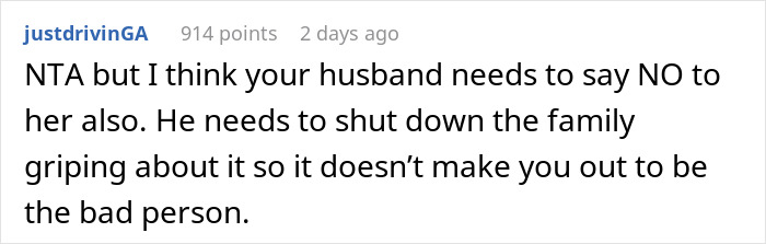 Screenshot of a Reddit comment discussing a woman refusing to let her homeless sister-in-law move in, involving a family dispute. Screenshot of a Reddit comment discussing a woman refusing to let her homeless sister-in-law move in, involving a family dispute.
