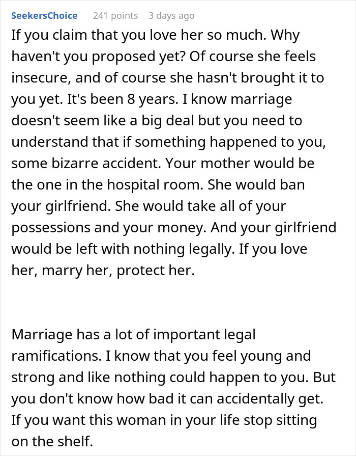 Text screenshot showing a Reddit comment discussing marriage legalities and protecting a girlfriend from a mother’s harmful actions.