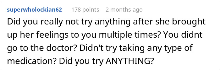 Reddit user questions husband’s refusal of intimacy for years and asks if he sought medical help or tried medication.