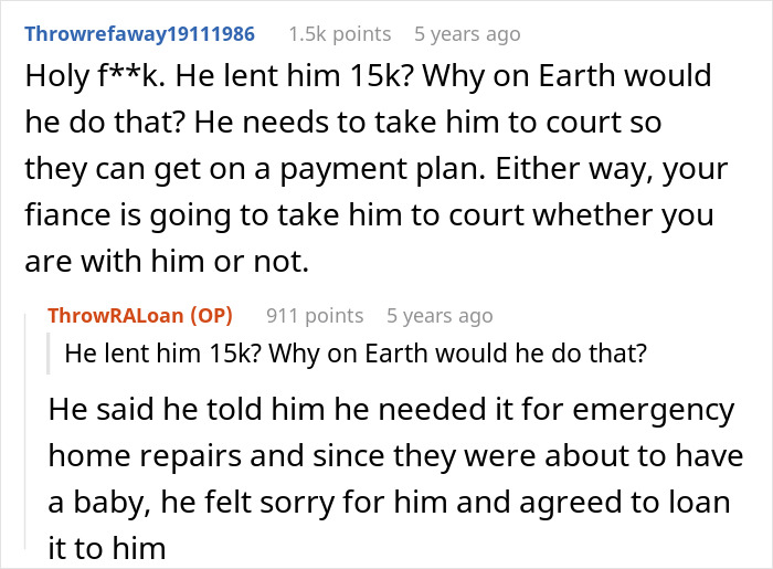 Reddit discussion about bride’s family wanting to call off wedding after fiancé threatens legal action over loan dispute. Reddit discussion about bride’s family wanting to call off wedding after fiancé threatens legal action over loan dispute.