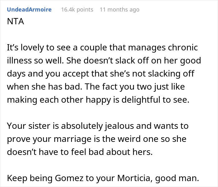 Comment praising a couple managing chronic illness with affection while sister is jealous and critical of their relationship. Comment praising a couple managing chronic illness with affection while sister is jealous and critical of their relationship.