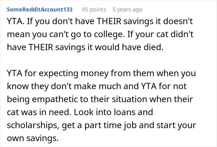 Reddit comment discussing parents using 16YO's college fund for cat surgery and teen refusing to share savings. Reddit comment discussing parents using 16YO's college fund for cat surgery and teen refusing to share savings.