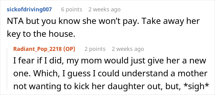 Screenshot of a Reddit conversation about a woman wanting to charge her sister a clean-up fee after spotting roaches. Screenshot of a Reddit conversation about a woman wanting to charge her sister a clean-up fee after spotting roaches.