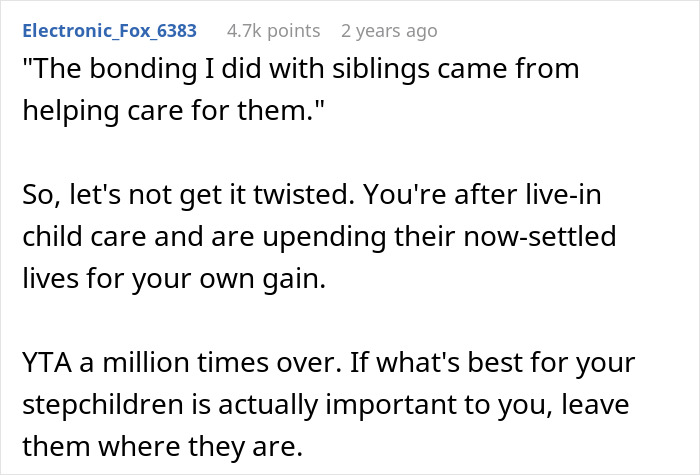 Comment discussing a woman asking stepchildren to leave home for boarding school, focusing on child care and stepchildren’s wellbeing. Comment discussing a woman asking stepchildren to leave home for boarding school, focusing on child care and stepchildren’s wellbeing.