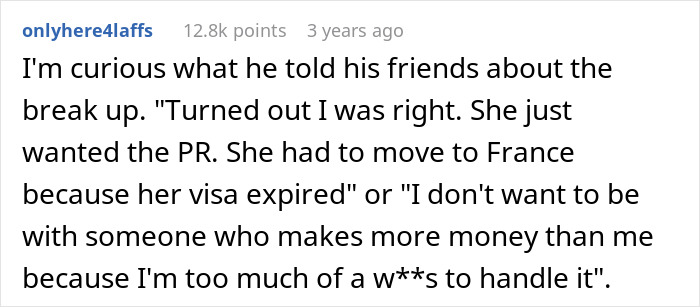 Comment discussing a woman leaving the US to start a new life in France due to her boyfriend not handling her success. Comment discussing a woman leaving the US to start a new life in France due to her boyfriend not handling her success.