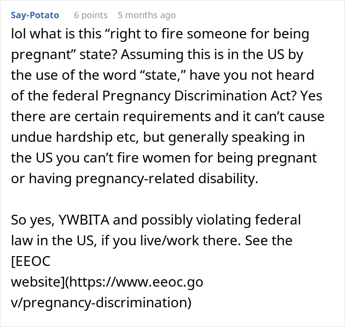 Comment discussing the right to fire state laws and pregnancy discrimination protections under federal law in the US.