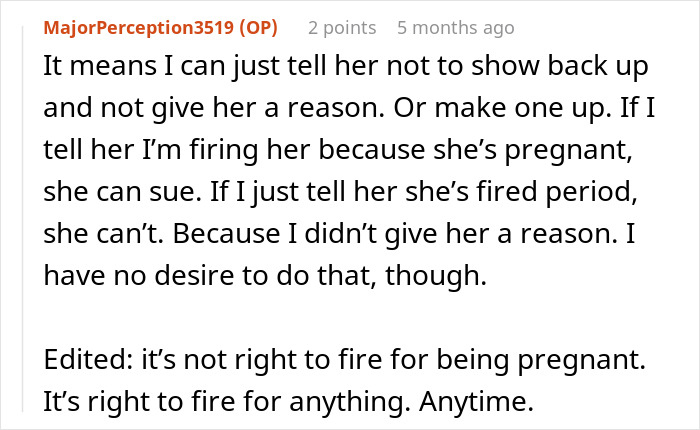 Comment discussing challenges of firing an employee suspected of being pregnant in a right to fire state.