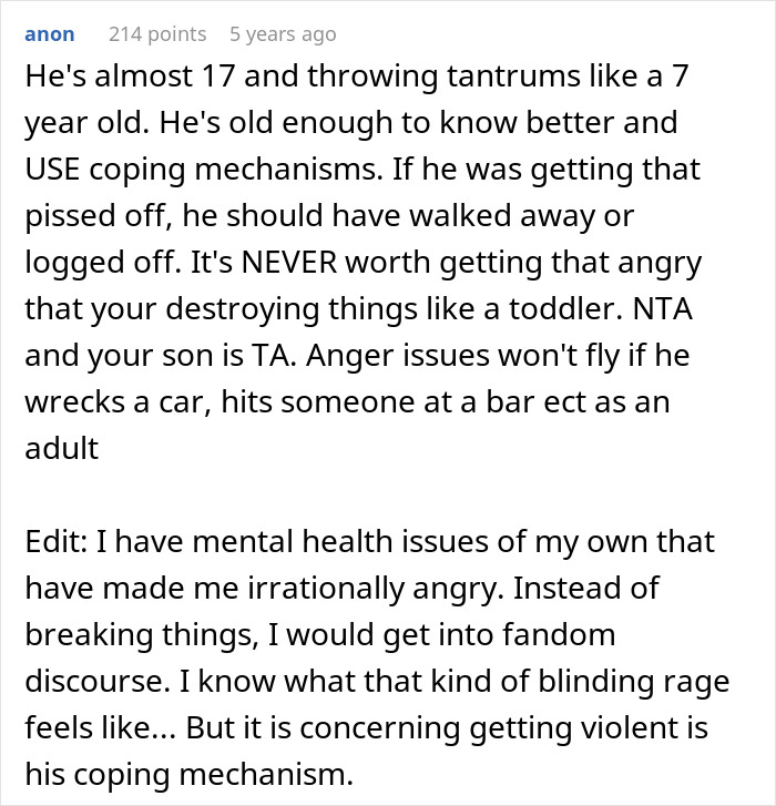 Teen throws tantrum, breaks new chair one day after getting it, asks dad to replace it, citing fairness. Teen throws tantrum, breaks new chair one day after getting it, asks dad to replace it, citing fairness.
