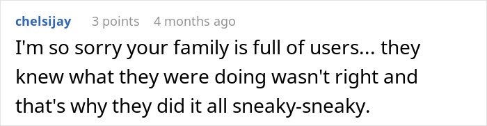 Screenshot of a Reddit comment discussing a family conflict involving a rich man refusing to pay for a cake his SIL ordered secretly. Screenshot of a Reddit comment discussing a family conflict involving a rich man refusing to pay for a cake his SIL ordered secretly.