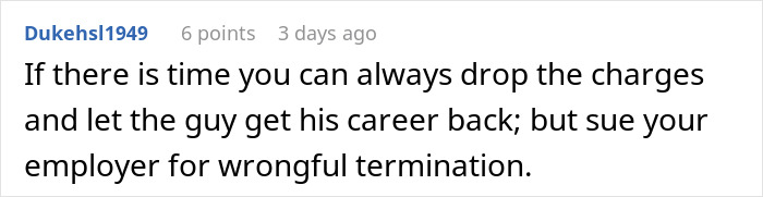 Comment about wrongful termination related to person taking $1.8K office chair seriously and losing job over it.