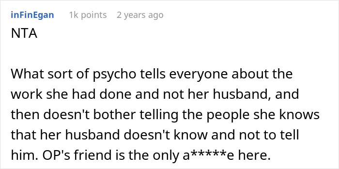 Screenshot of a forum comment discussing friendship crumbling after woman exposes friend’s surgery secret to husband.