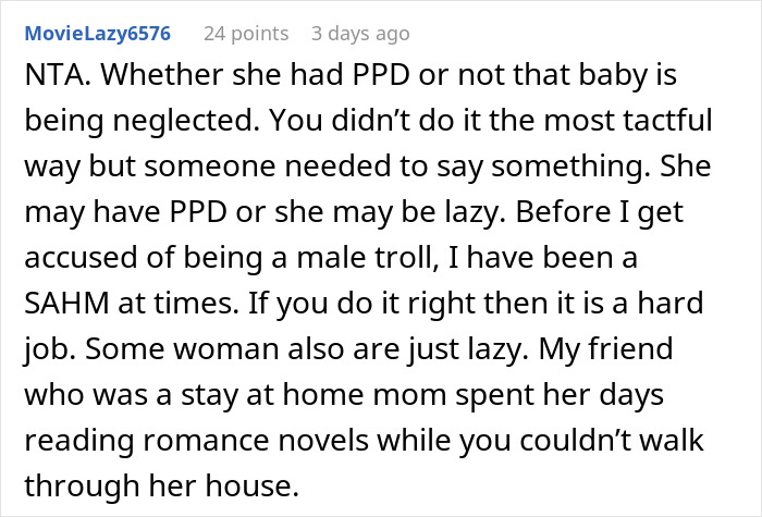 Comment discussing stay-at-home mom challenges and distinguishing between hard work and laziness in parenting roles.
