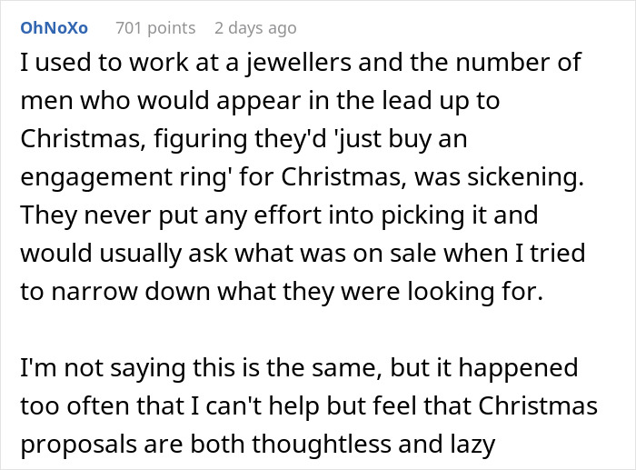User comment sharing experience of men thinking a proposal counts as a Christmas gift, highlighting thoughtless engagement ring purchases. User comment sharing experience of men thinking a proposal counts as a Christmas gift, highlighting thoughtless engagement ring purchases.