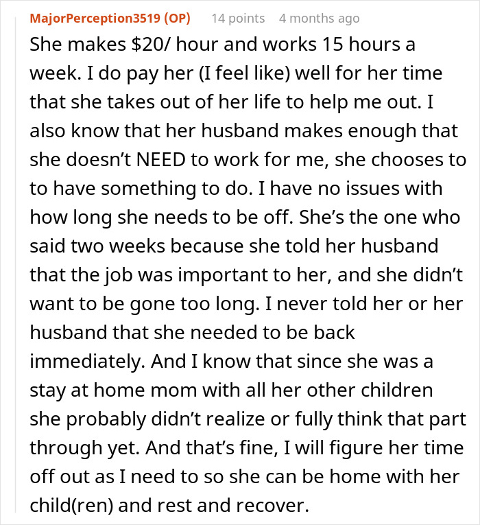 Text post from user MajorPerception3519 discussing employee pay, work hours, and time off for personal reasons in a right to fire state context.