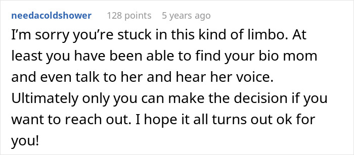 Comment expressing sympathy for a woman wanting to reunite with her bio family despite adoptive parents' threats. Comment expressing sympathy for a woman wanting to reunite with her bio family despite adoptive parents' threats.