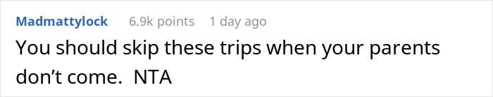 Comment text on social media expressing opinion on babysitting during vacation and family trips. Comment text on social media expressing opinion on babysitting during vacation and family trips.