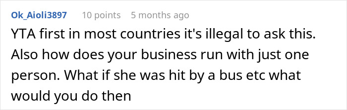Screenshot of a Reddit comment discussing legality of asking employee if she's pregnant in a right to fire state.