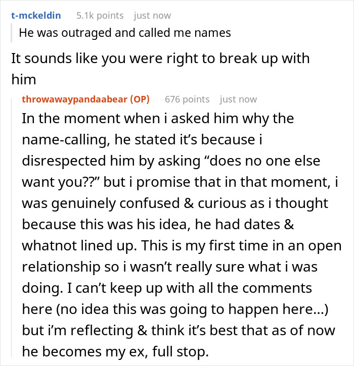 Reddit conversation about boyfriend opens relationship but ends up getting no dates and causes emotional confusion and break up.