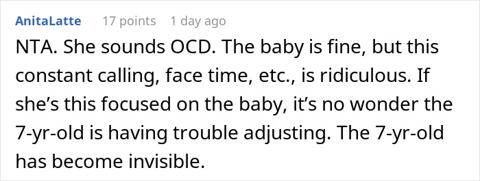Screenshot of a forum comment about a friend agreeing to babysit overnight and a mom’s frequent panic calls. Screenshot of a forum comment about a friend agreeing to babysit overnight and a mom’s frequent panic calls.