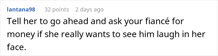 Comment text on a white background discussing money in the context of sister wedding culture and fiancé relationships.