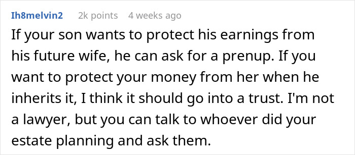 Comment discussing future daughter-in-law demanding an $80,000 wedding and wealthy in-laws requesting a prenup in return. Comment discussing future daughter-in-law demanding an $80,000 wedding and wealthy in-laws requesting a prenup in return.