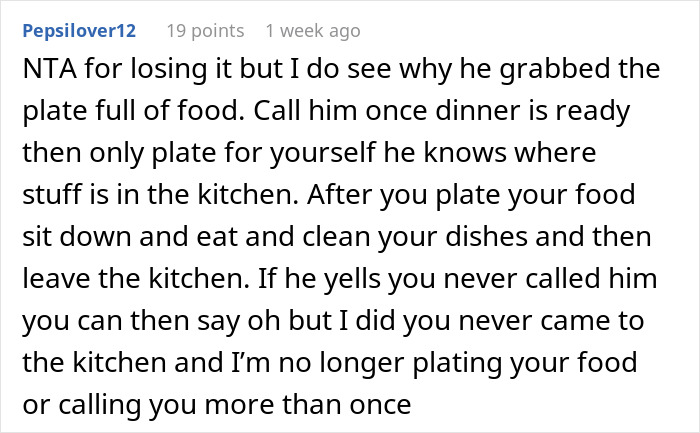 Commenter explains frustration over unequal domestic chores and dinner expectations in a shared household discussion. Commenter explains frustration over unequal domestic chores and dinner expectations in a shared household discussion.