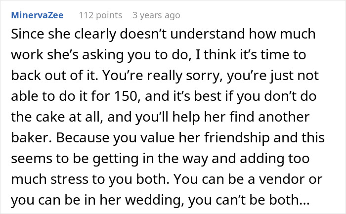 Comment discussing stress of bride wanting to upgrade honeymoon at bridesmaid’s expense and the reality check given.