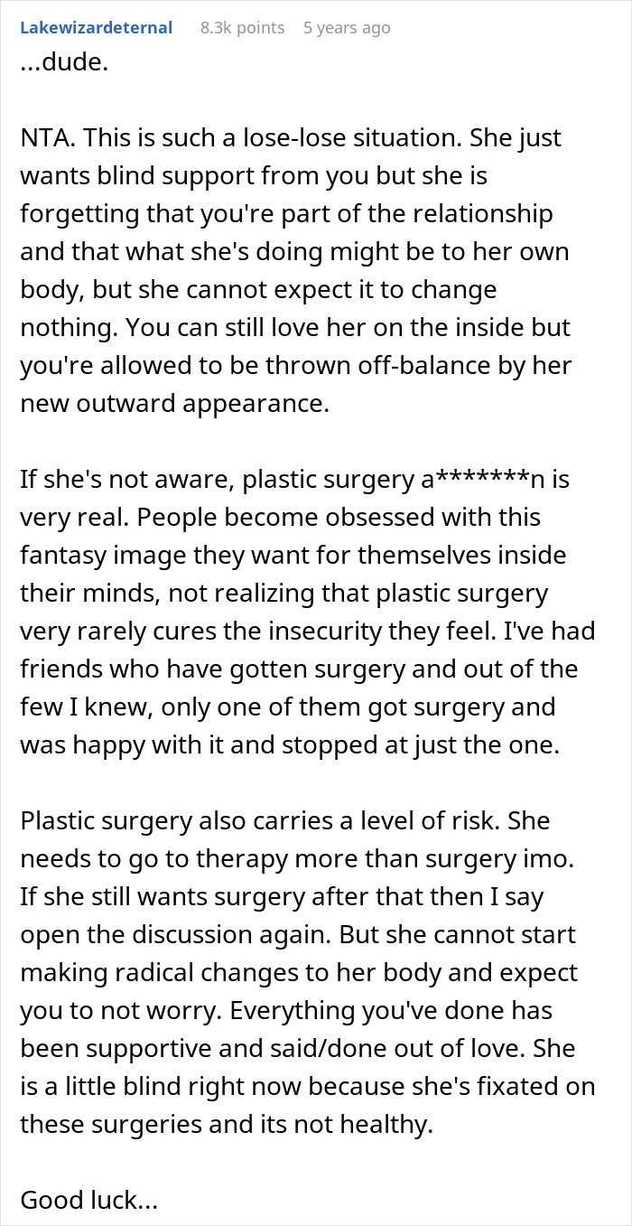 Comment discussing a husband’s brutally honest feelings about his wife’s plastic surgeries and relationship impact.
