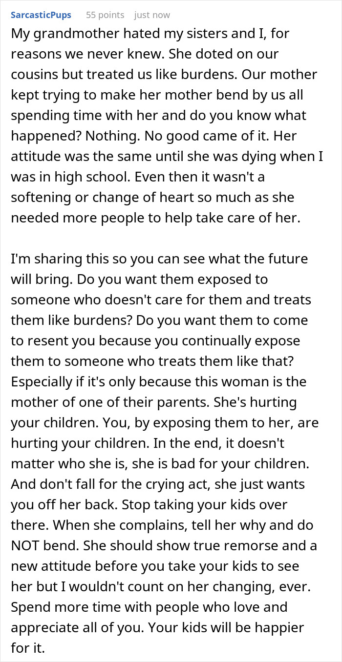 Text post about a MIL admitting to having a favorite grandchild and treating others like burdens. Text post about a MIL admitting to having a favorite grandchild and treating others like burdens.