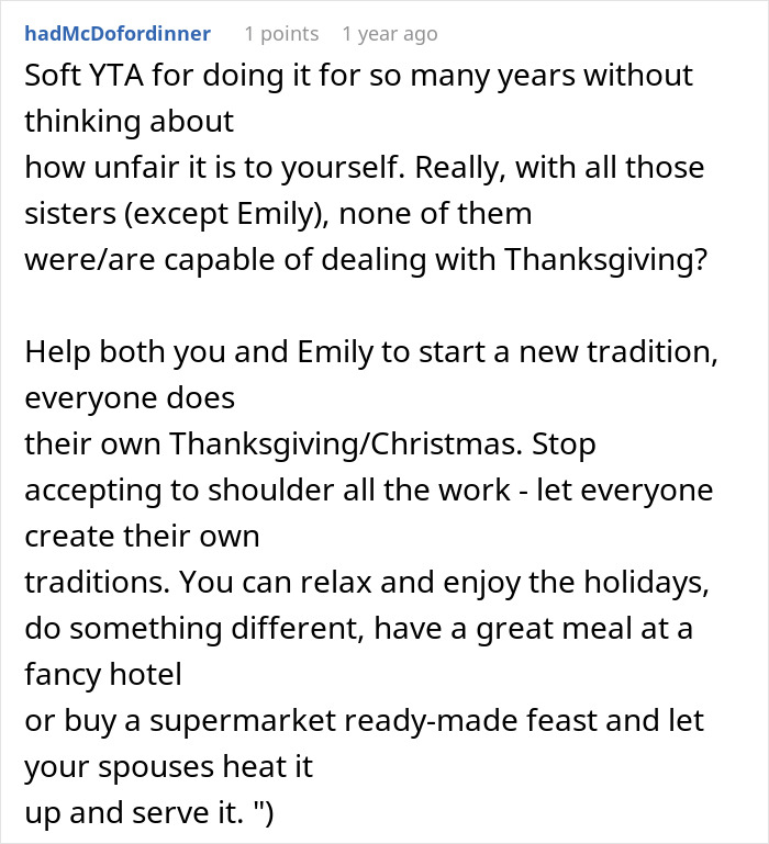 Comment discussing a woman asking for a break from hosting traditional family Thanksgiving and facing criticism from sisters.
