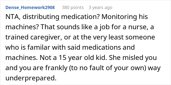 Commenter Dense_Homework2908 discussing concerns about a teen sitter caring for a nonverbal, bedridden boy requiring medical attention. Commenter Dense_Homework2908 discussing concerns about a teen sitter caring for a nonverbal, bedridden boy requiring medical attention.