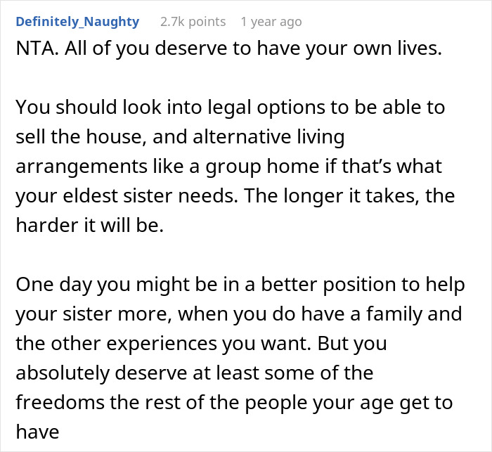 Reddit comment discussing caretaker frustrations and exploring legal options for alternative living arrangements for a sibling. Reddit comment discussing caretaker frustrations and exploring legal options for alternative living arrangements for a sibling.