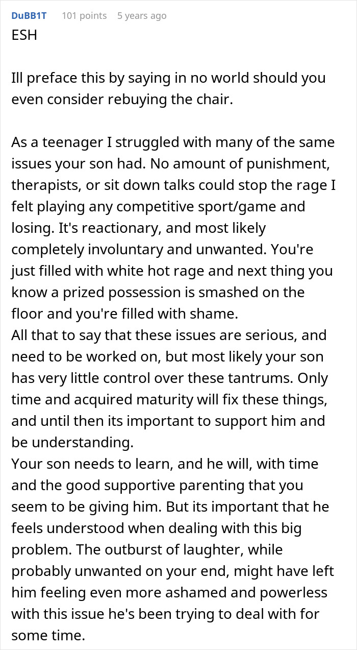 Comment about teen breaking chair and seeking dad’s replacement, discussing teen behavior and anger management. Comment about teen breaking chair and seeking dad’s replacement, discussing teen behavior and anger management.