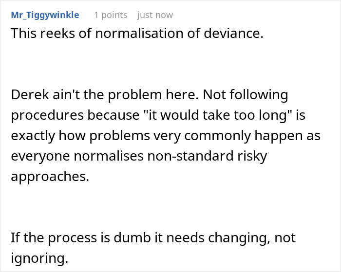Screenshot of an online comment discussing how strict following of procedures can impact office workflow and cause shutdowns. Screenshot of an online comment discussing how strict following of procedures can impact office workflow and cause shutdowns.