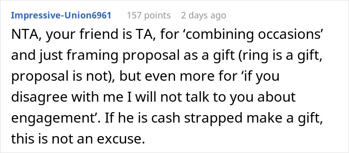 Screenshot of a Reddit comment discussing a man who wrongly thinks his proposal counts as a Christmas gift. Screenshot of a Reddit comment discussing a man who wrongly thinks his proposal counts as a Christmas gift.