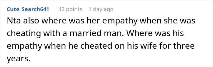 Screenshot of a Reddit comment discussing empathy and cheating involving a husband, ex-wife, and mistress infertility conflict. Screenshot of a Reddit comment discussing empathy and cheating involving a husband, ex-wife, and mistress infertility conflict.