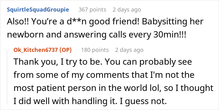 Screenshot of online comments about babysitting a newborn and answering panic calls every 30 minutes. Screenshot of online comments about babysitting a newborn and answering panic calls every 30 minutes.