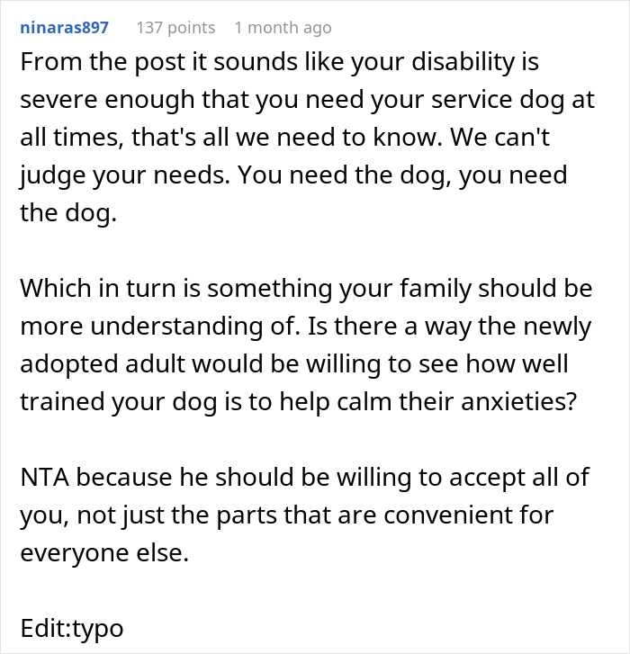 Comment explaining the importance of a woman’s service dog and family understanding during Thanksgiving drama. Comment explaining the importance of a woman’s service dog and family understanding during Thanksgiving drama.