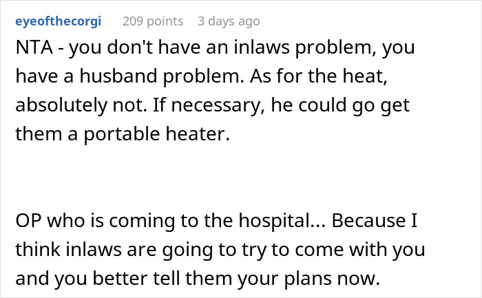 Comment discussing a pregnant woman demanding husband respect while addressing in-laws and hospital visit concerns.