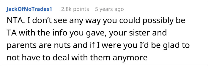 Screenshot of a Reddit comment discussing parents demanding a woman give up a career opportunity for her golden-child sister. Screenshot of a Reddit comment discussing parents demanding a woman give up a career opportunity for her golden-child sister.