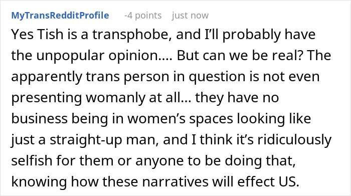 Reddit comment discussing trans woman confrontation and perspectives on presence in women's locker room spaces. Reddit comment discussing trans woman confrontation and perspectives on presence in women's locker room spaces.