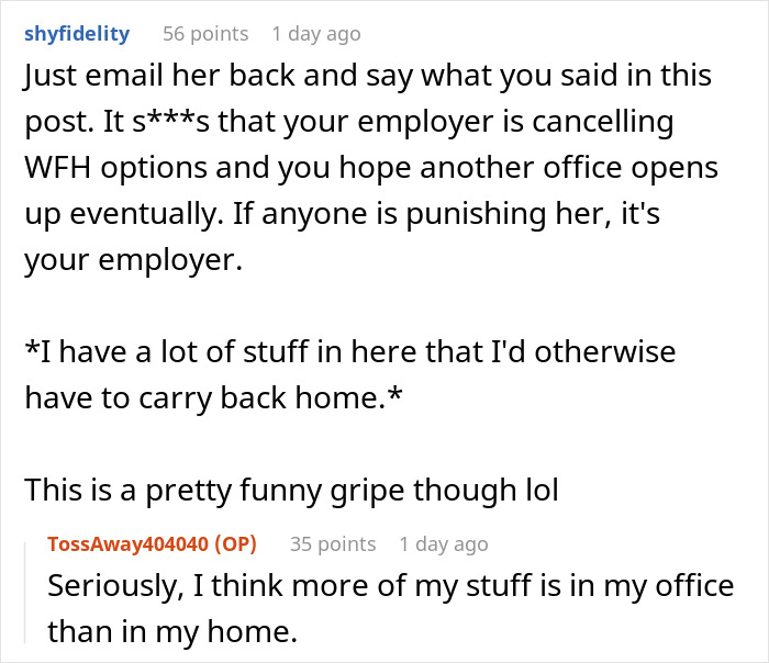 Woman expects her private office back after working from home for 2 years, facing an unexpected reality check. Woman expects her private office back after working from home for 2 years, facing an unexpected reality check.
