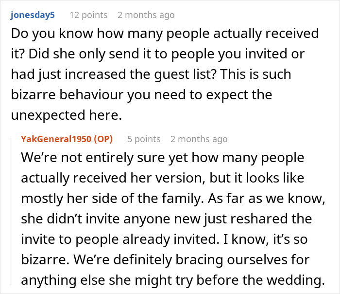 Screenshot of a discussion about a bride shocked after MIL sends secret wedding invites to protect family image.