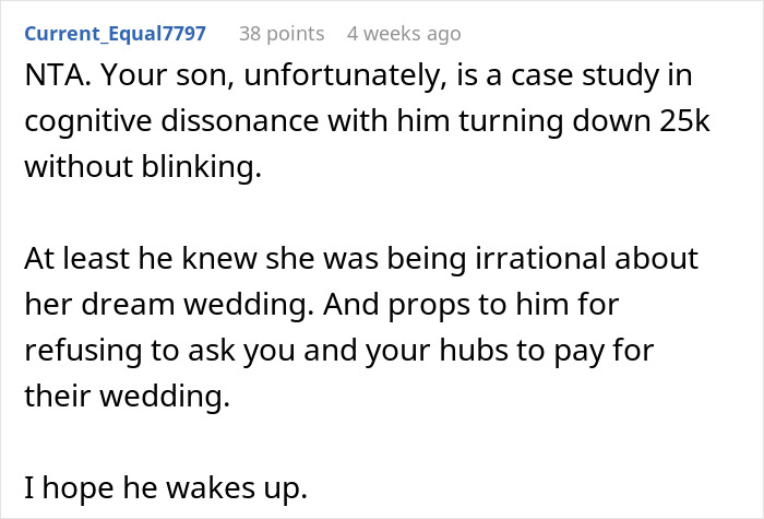Comment discussing a future daughter-in-law’s $80,000 wedding demand and wealthy in-laws asking for a prenup in return. Comment discussing a future daughter-in-law’s $80,000 wedding demand and wealthy in-laws asking for a prenup in return.