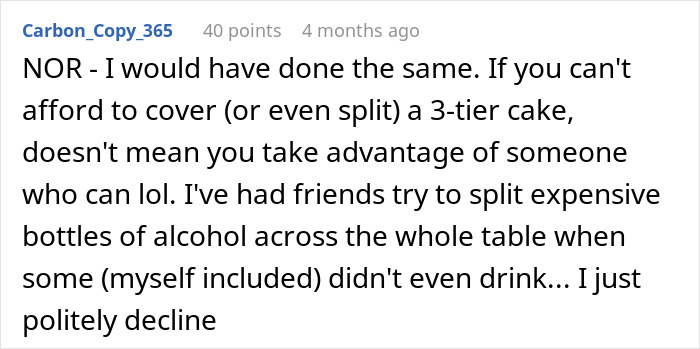 Screenshot of a Reddit comment discussing a rich man refusing to pay for a cake his sister-in-law ordered behind his back.