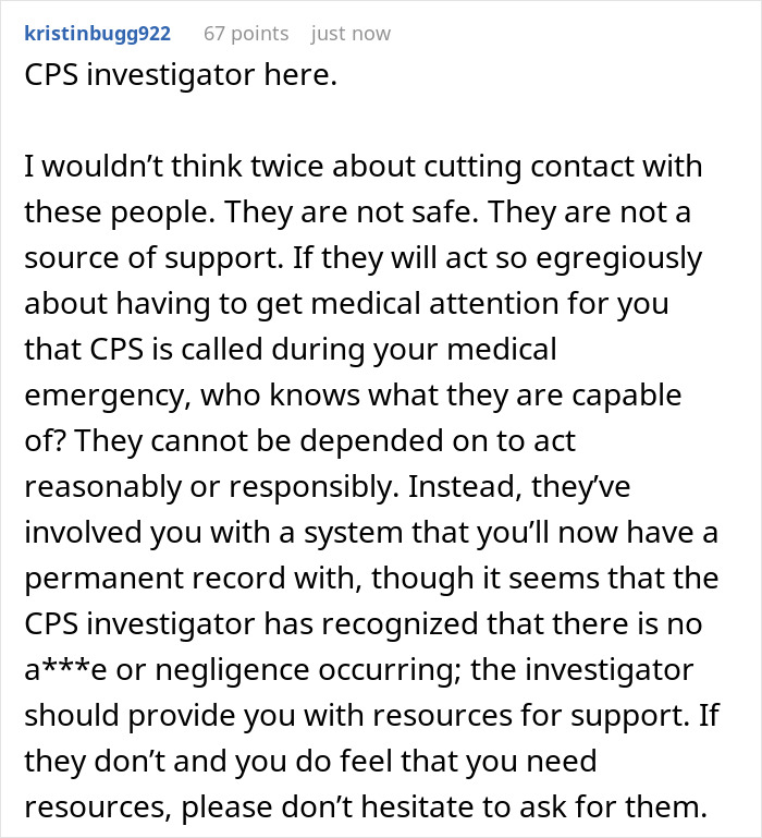 Comment discussing CPS investigator insights on toxic family behavior and medical emergencies involving child protective services. Comment discussing CPS investigator insights on toxic family behavior and medical emergencies involving child protective services.